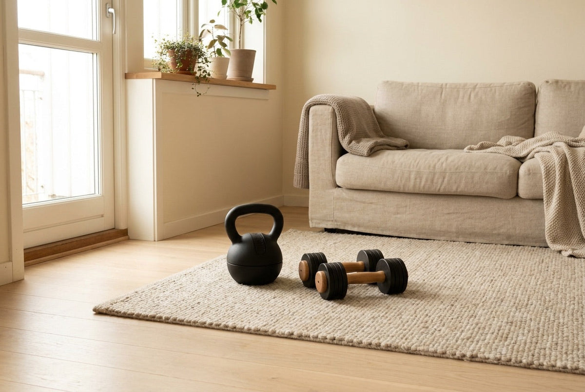 Adjustable kettlebell and dumbbells in a bright living room
