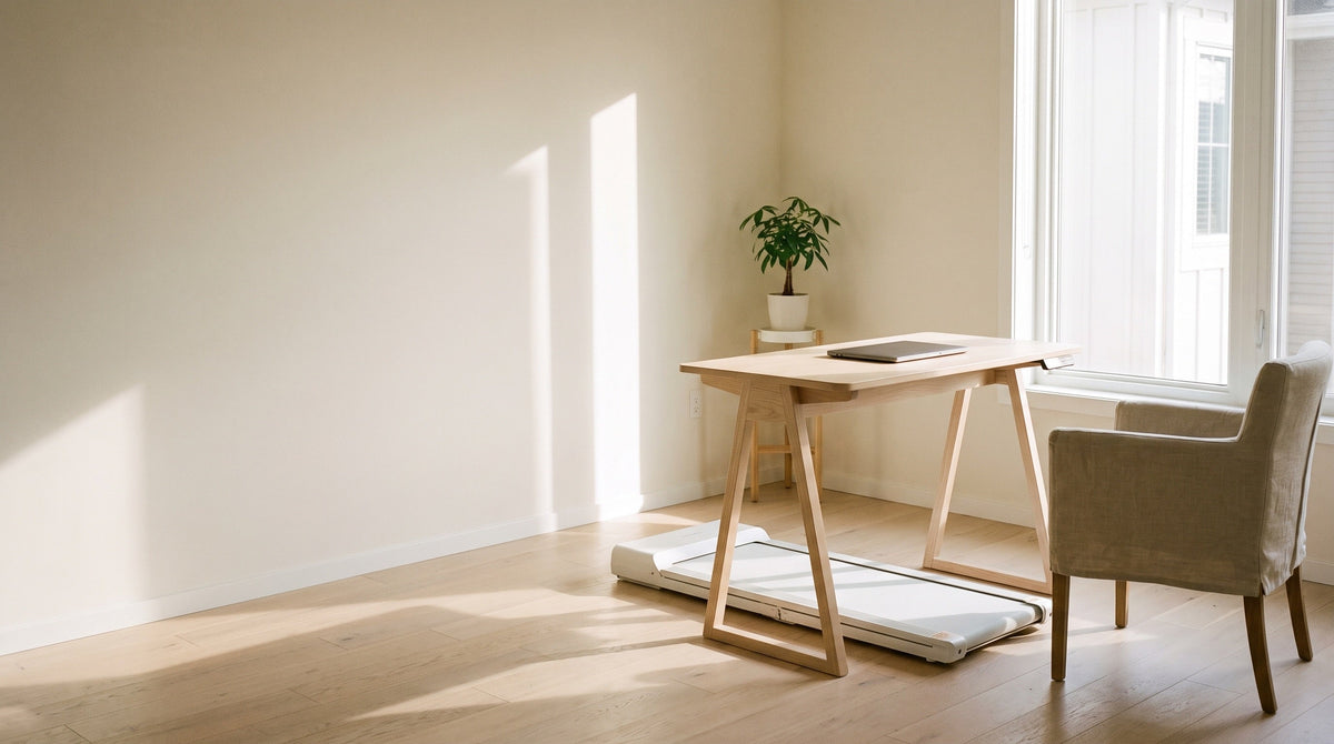 Foldable walking pad under a light wood standing desk