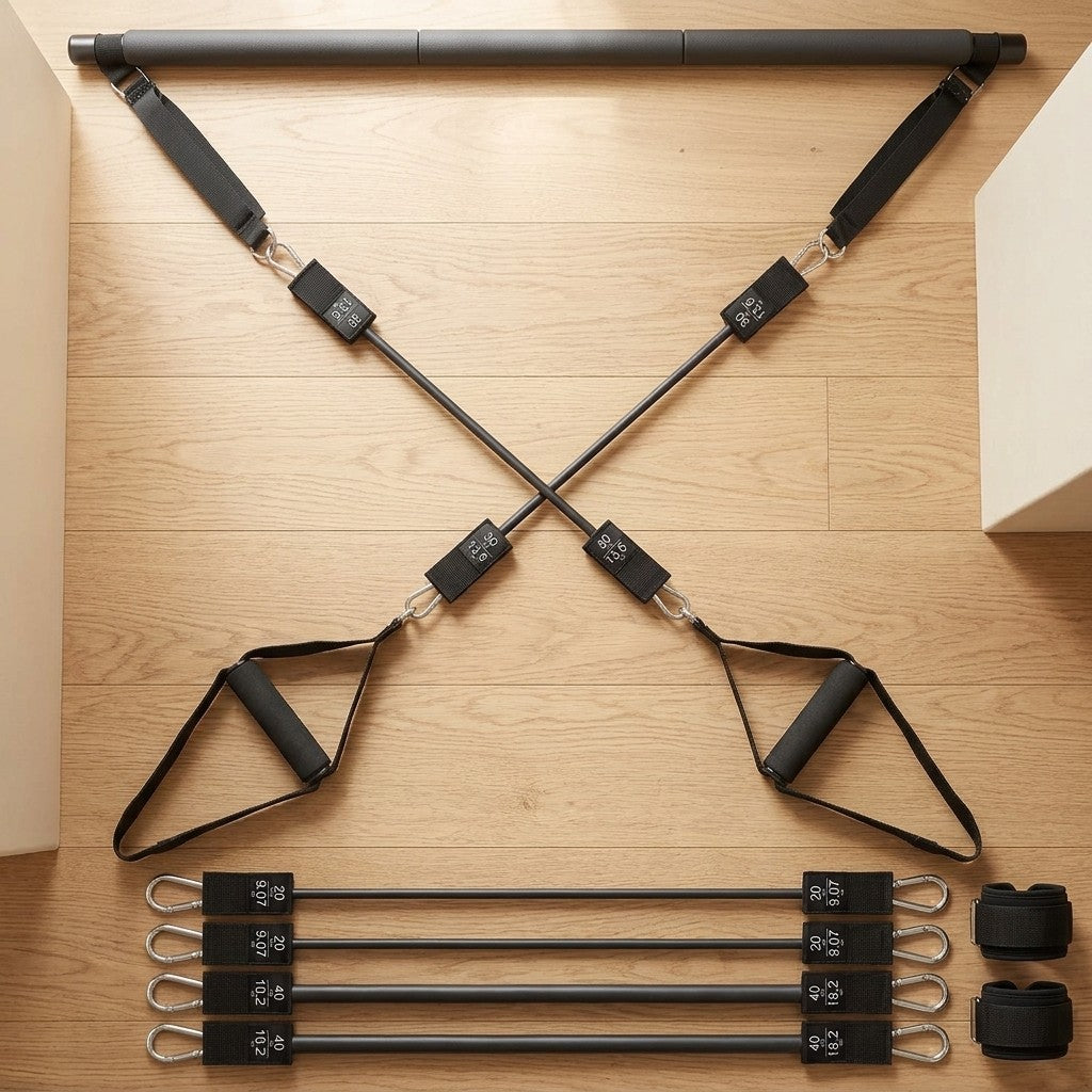 WalkHaven Band Bar Set laid out: bar, bands, handles and straps