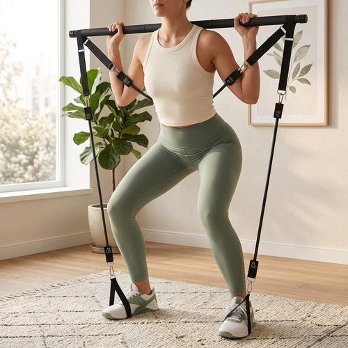 Squat with the WalkHaven Band Bar Set in a living room