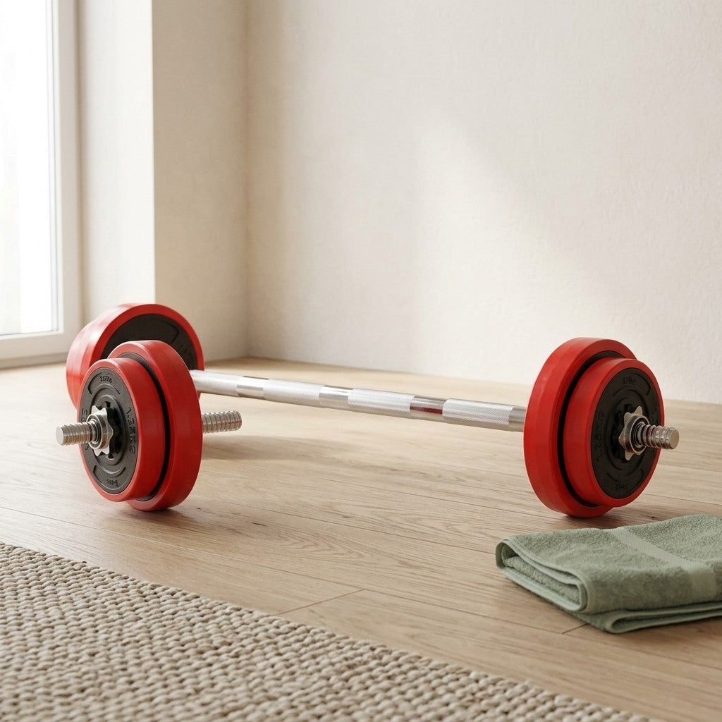 WalkHaven adjustable dumbbell set assembled as a barbell
