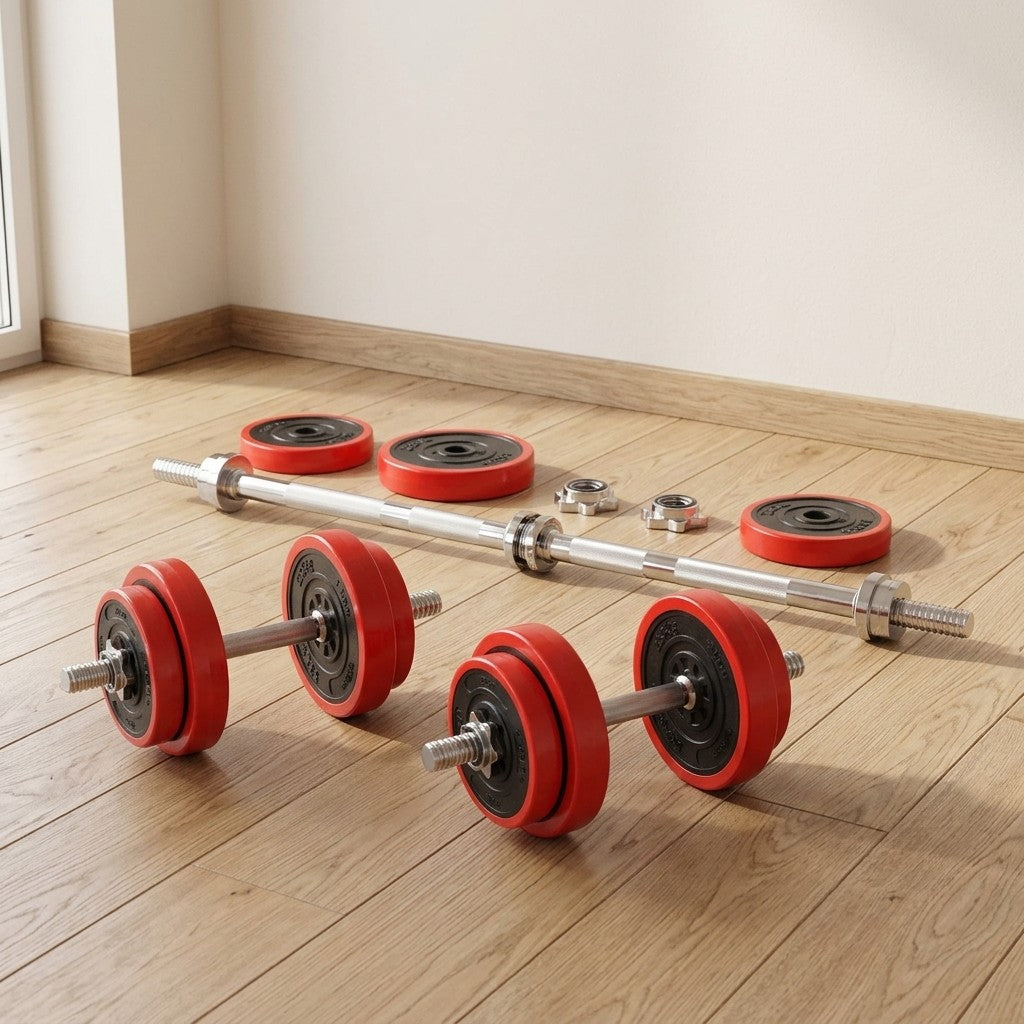 WalkHaven adjustable dumbbell set with connector bar on an oak floor