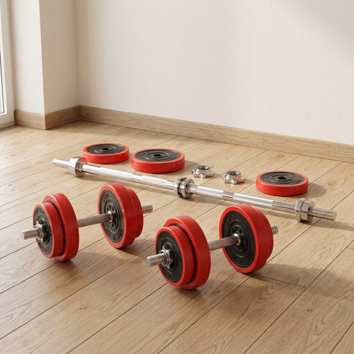 WalkHaven adjustable dumbbell set with connector bar on an oak floor