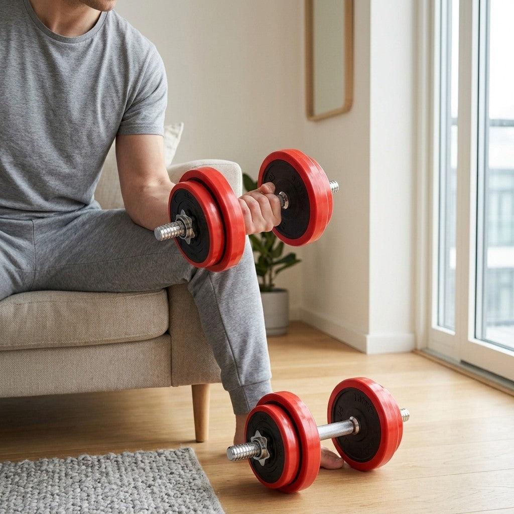 Bicep curl with the WalkHaven adjustable dumbbell on a sofa