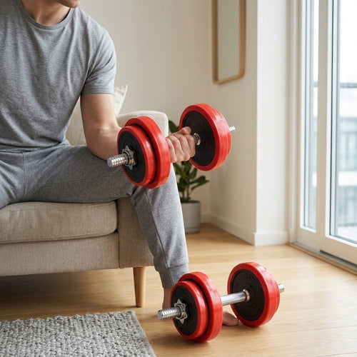 Bicep curl with the WalkHaven adjustable dumbbell on a sofa