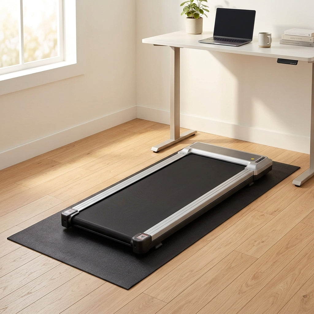 WalkHaven floor mat under a walking pad next to a standing desk
