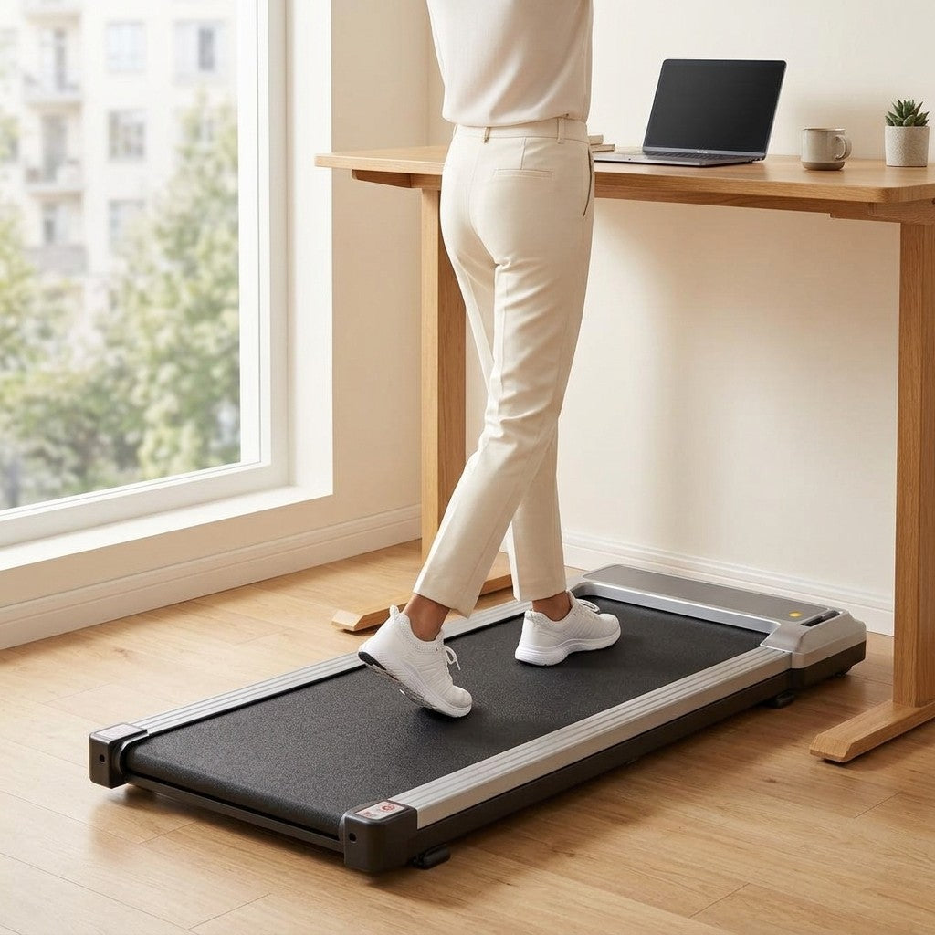 Walking on the WalkHaven Fold walking pad under a standing desk