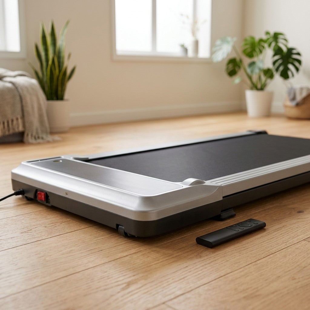WalkHaven Fold walking pad front corner and remote, close-up