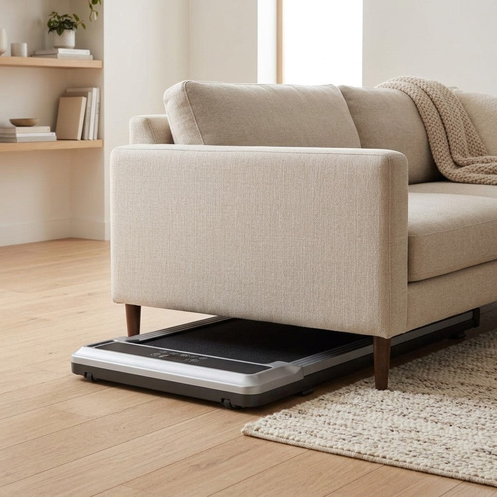 WalkHaven Fold walking pad stored flat under a sofa