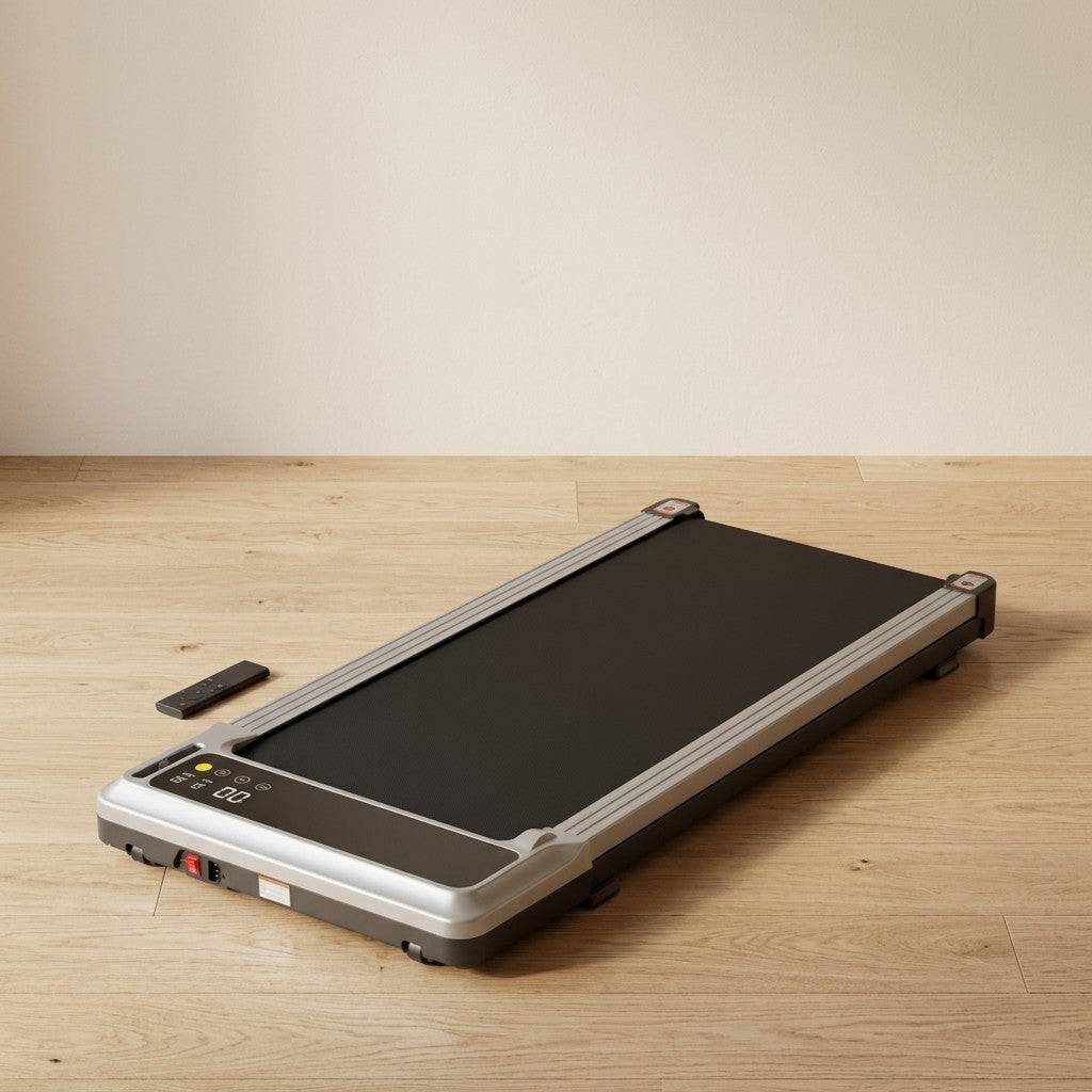 WalkHaven Fold walking pad on an oak floor with its remote