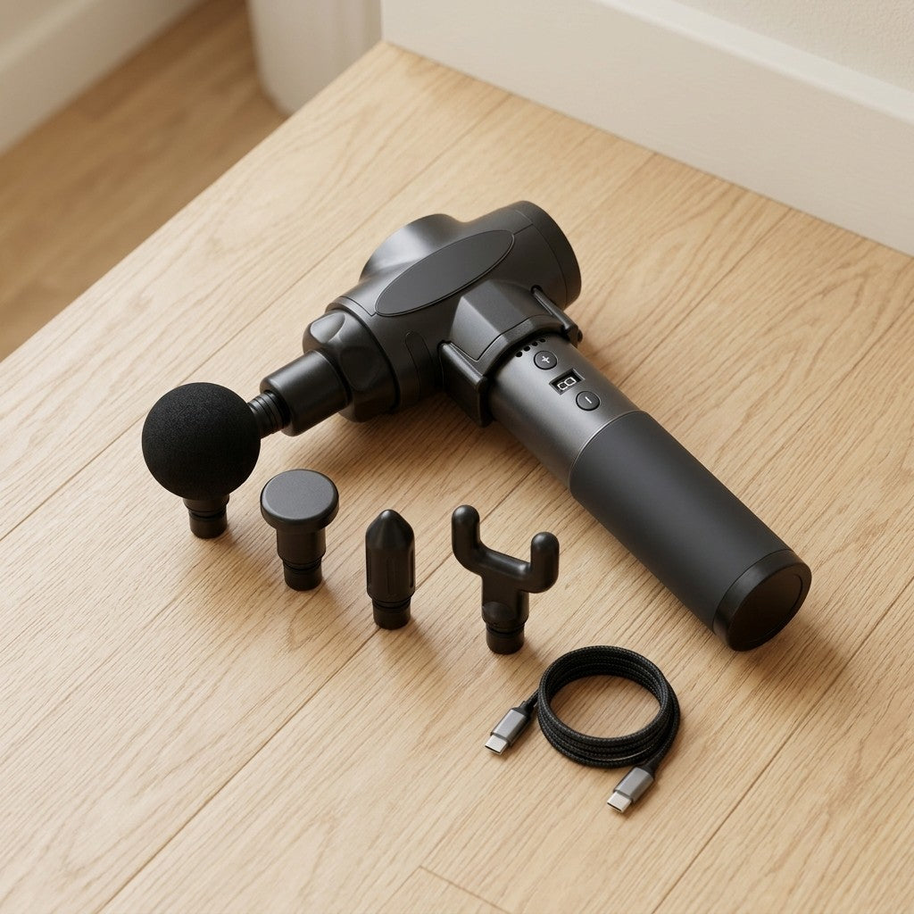 WalkHaven percussion massage gun with its four heads and charging cable