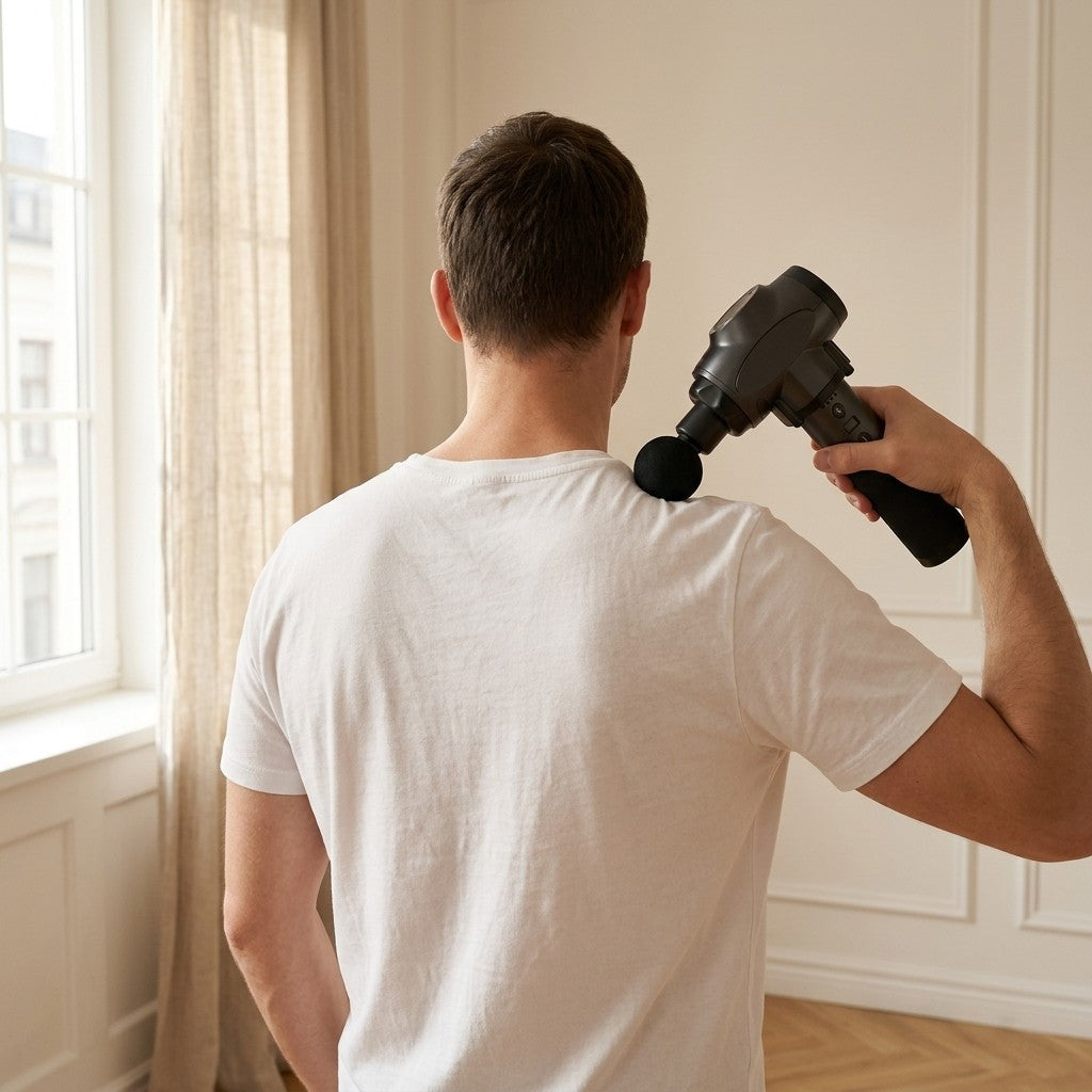 WalkHaven percussion massage gun used on the shoulder, seen from behind