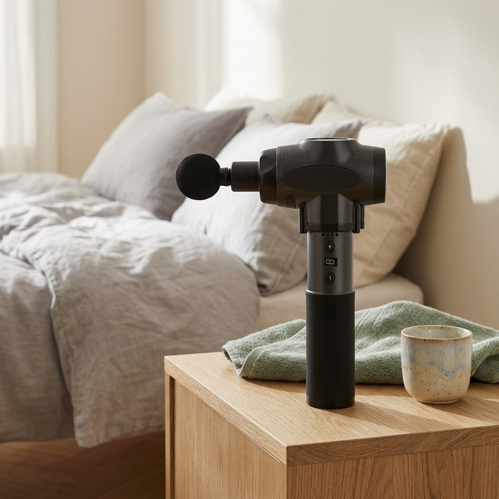 WalkHaven percussion massage gun on an oak bedside table