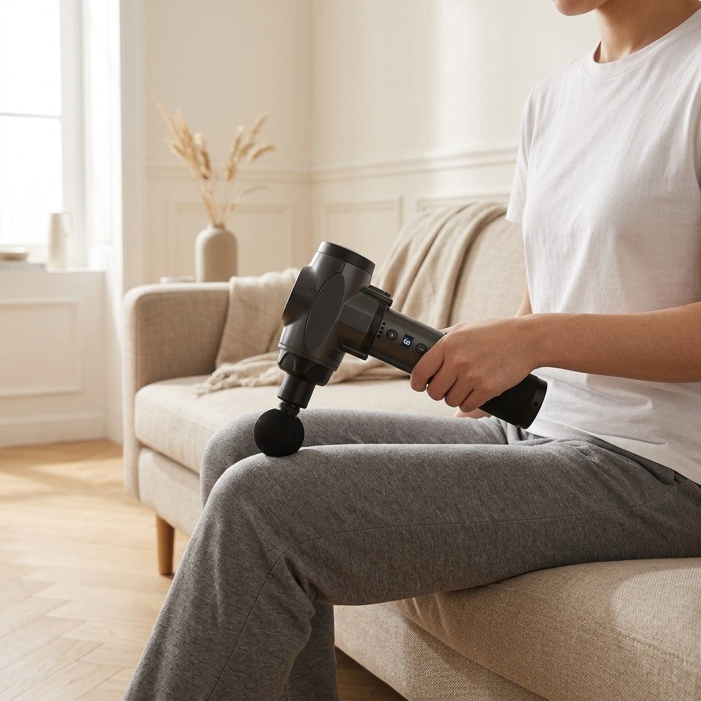 WalkHaven percussion massage gun used on the thigh