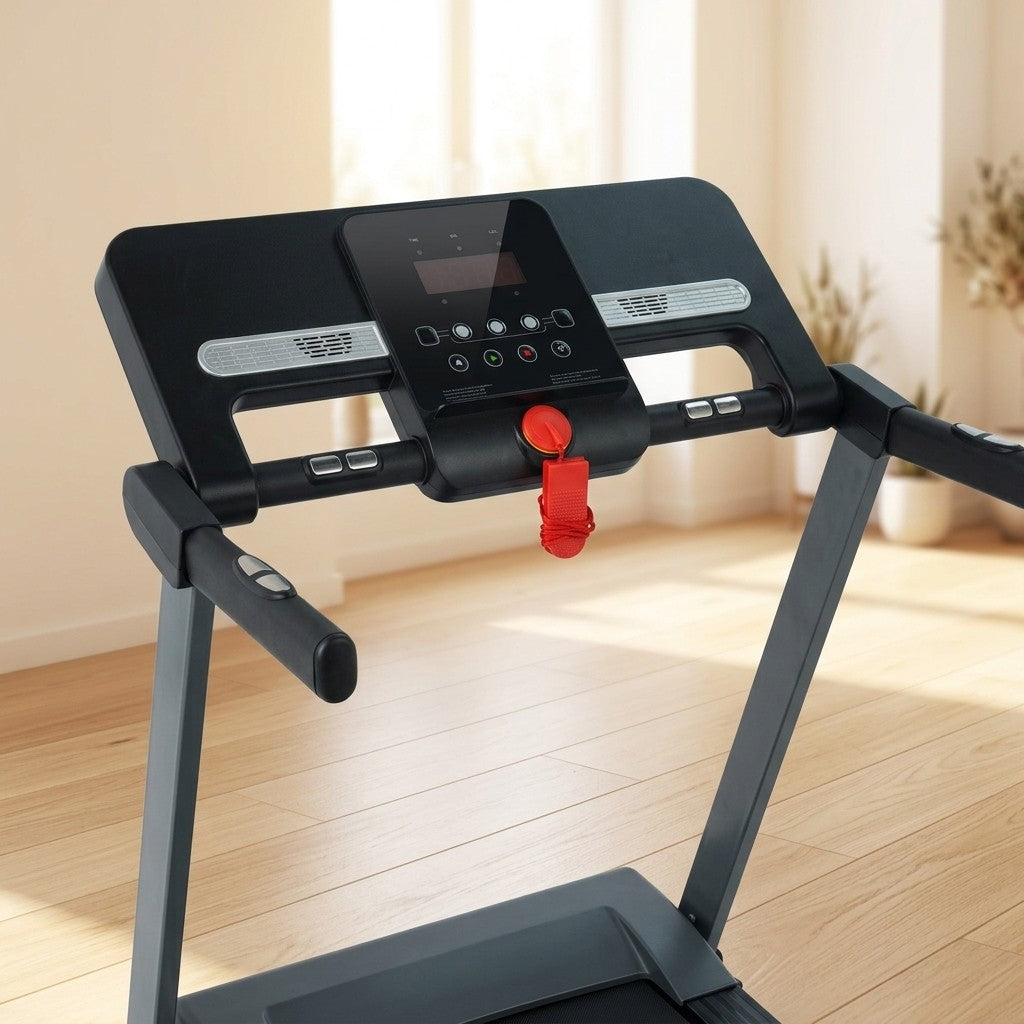 WalkHaven Incline walking pad console with LED display and safety key, close-up
