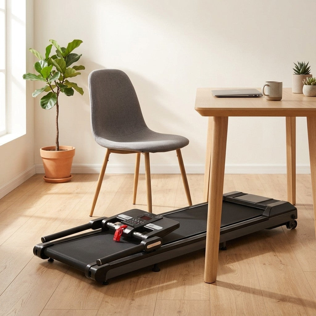 WalkHaven Incline walking pad folded flat under a desk