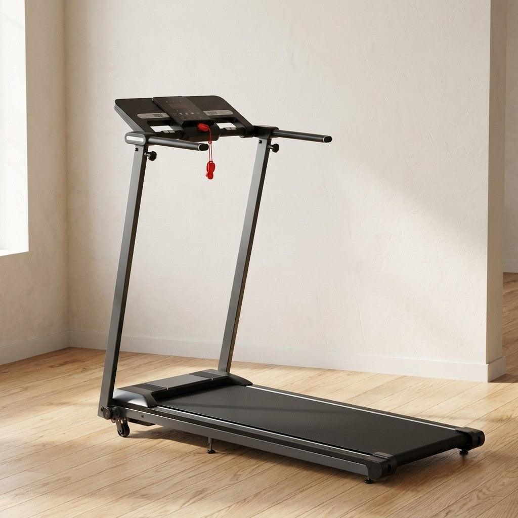 WalkHaven Incline walking pad with handrail up, on an oak floor
