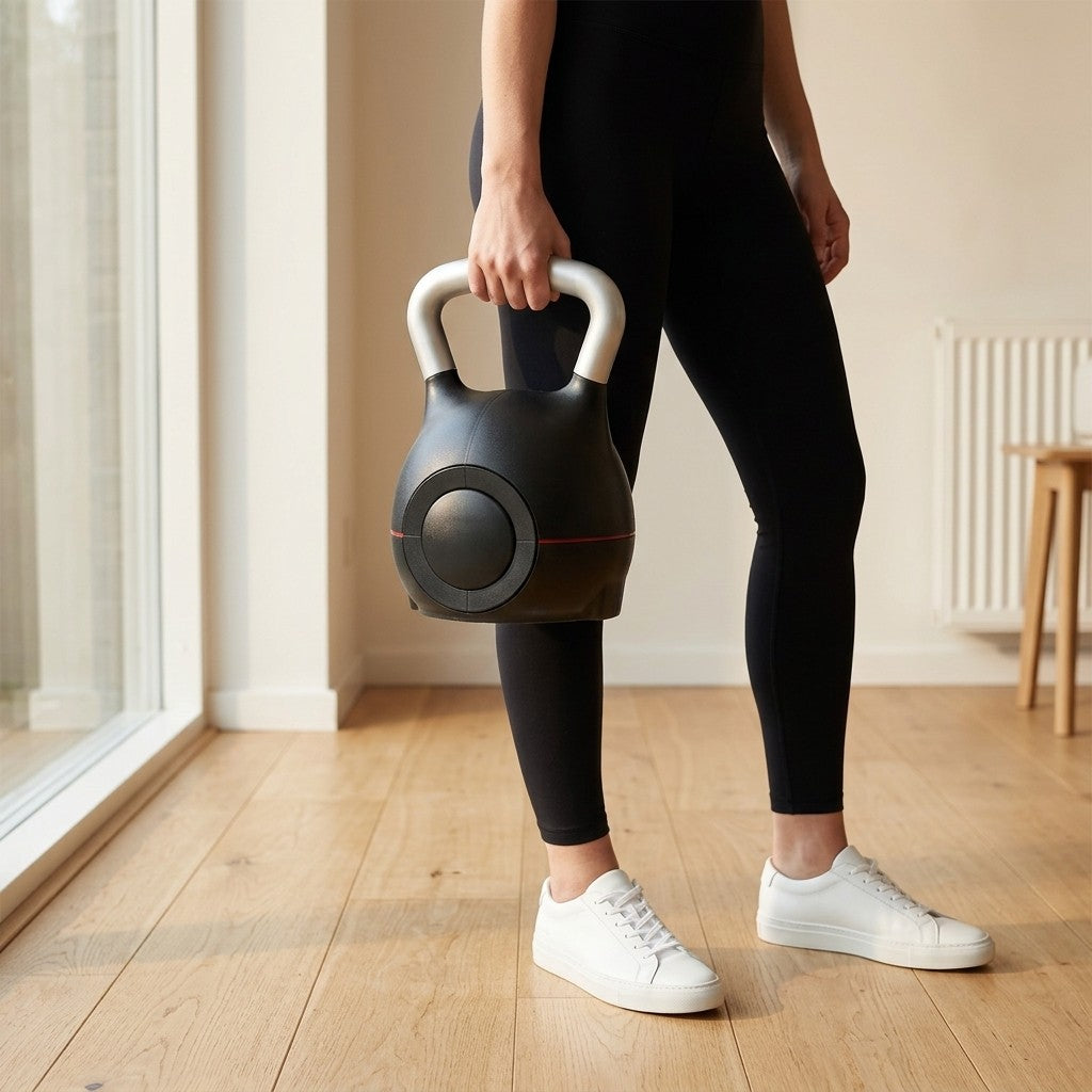 Holding the WalkHaven adjustable kettlebell by the window, compact size