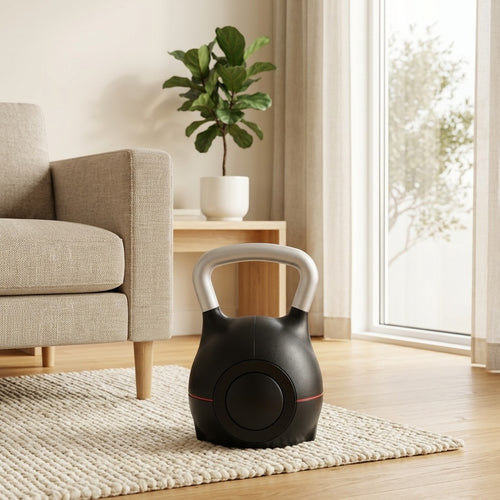 WalkHaven adjustable kettlebell on a wool rug next to a sofa