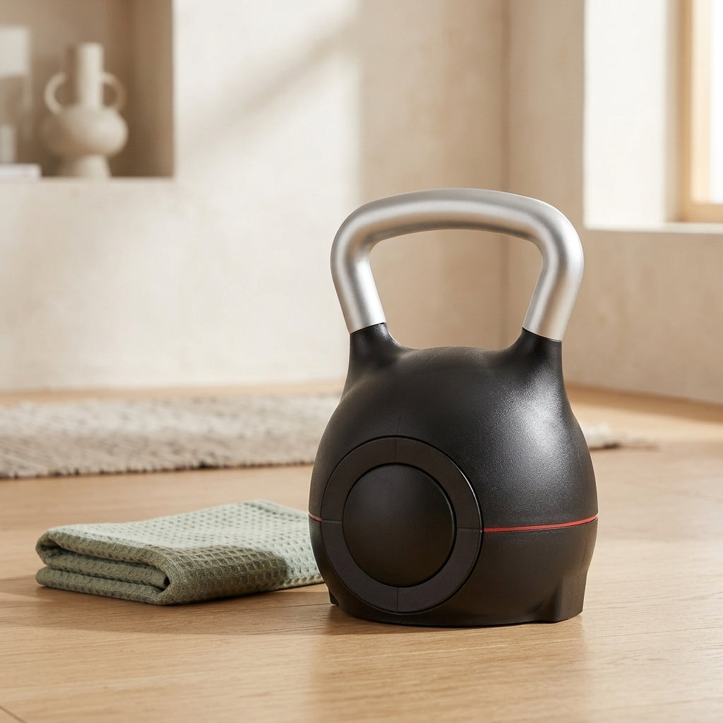 WalkHaven adjustable kettlebell on an oak floor next to a folded towel
