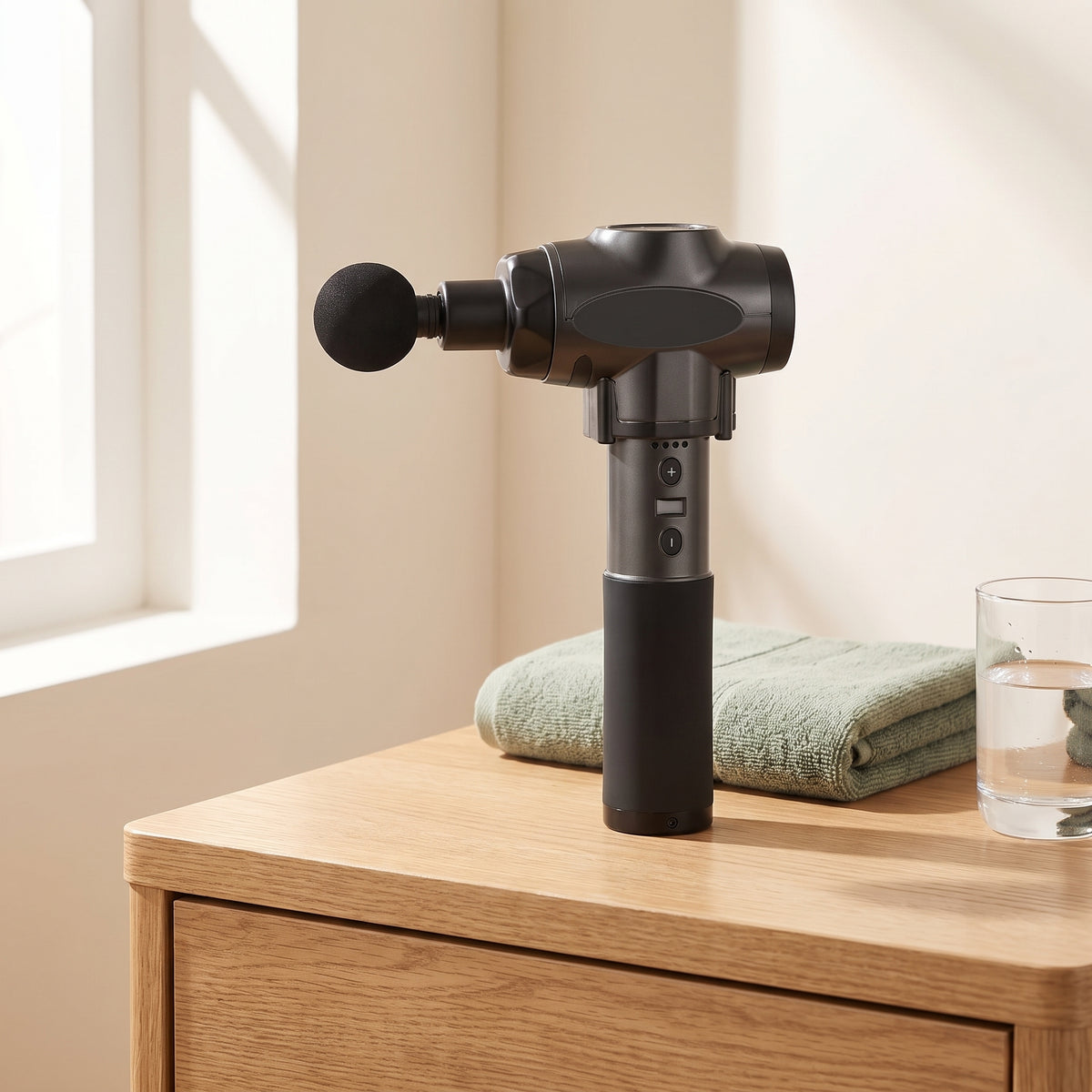 WalkHaven percussion massage gun on an oak side table with a towel