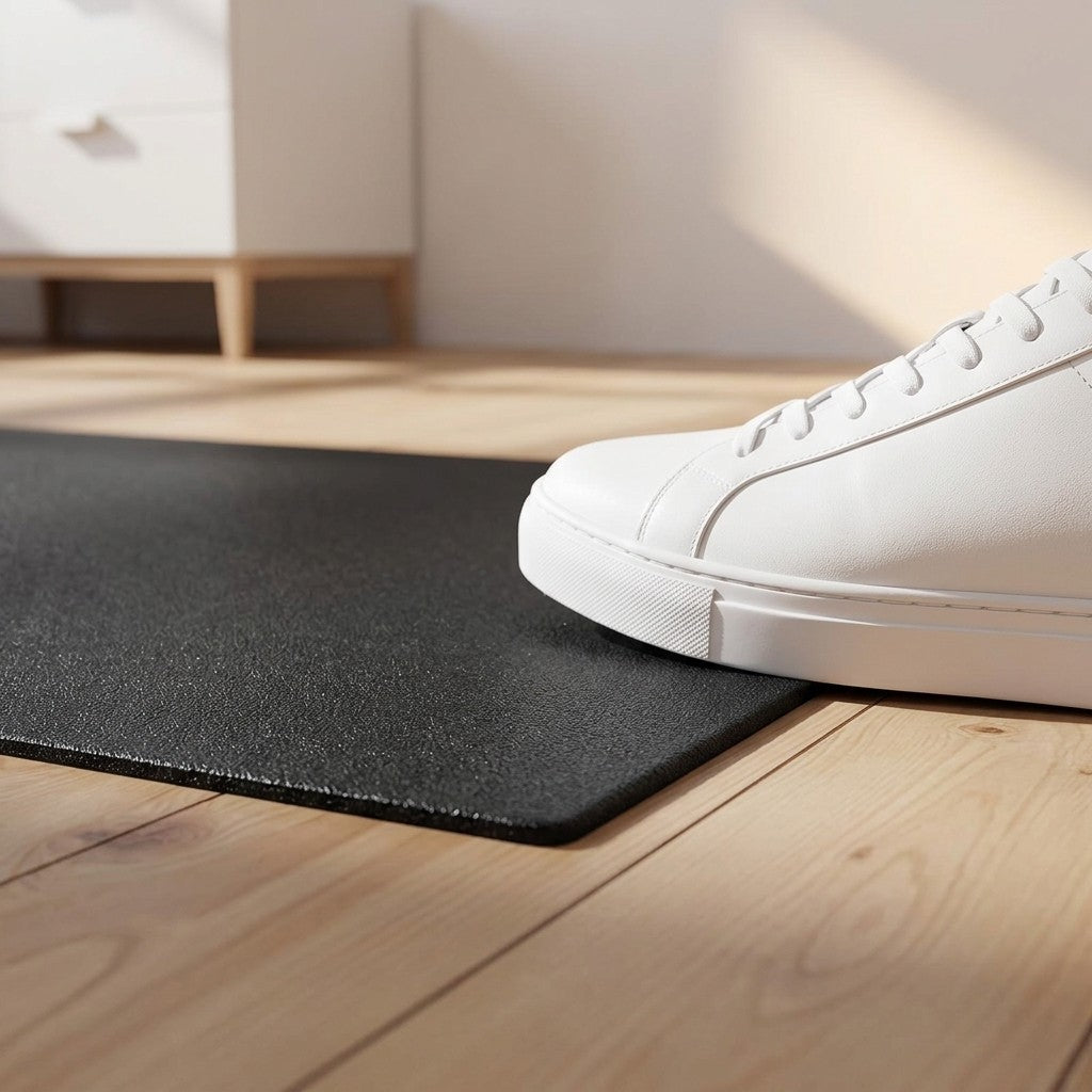 WalkHaven floor mat textured surface with a sneaker on the edge, close-up