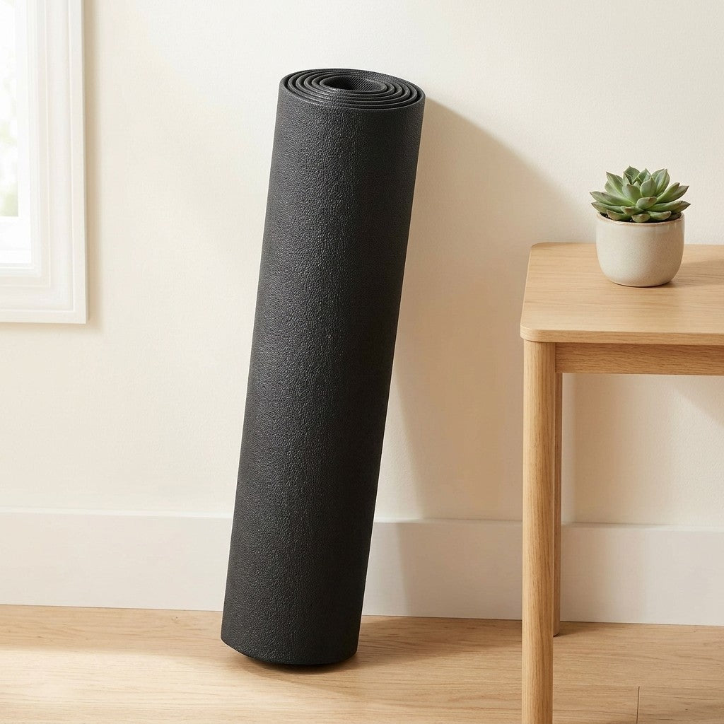 WalkHaven floor mat rolled up, leaning against a wall