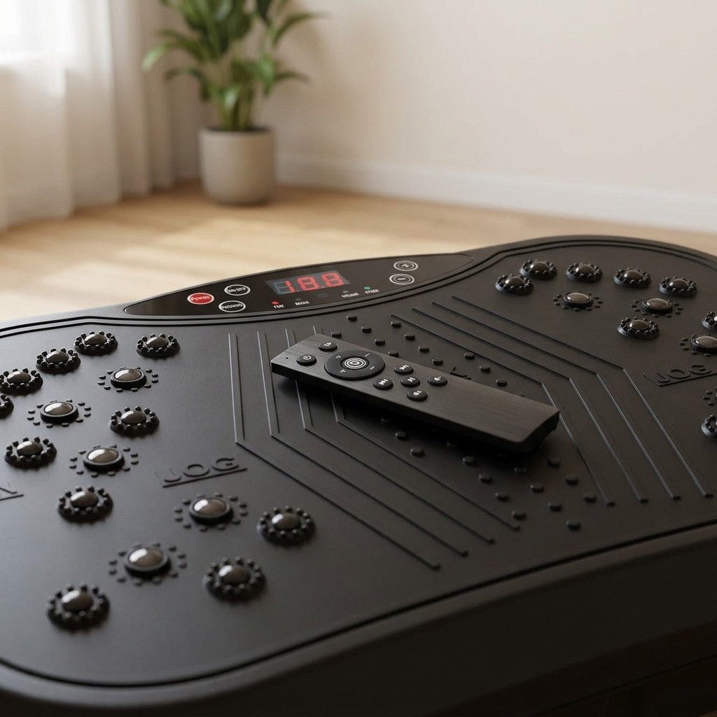 WalkHaven Pulse vibration plate surface and remote, close-up