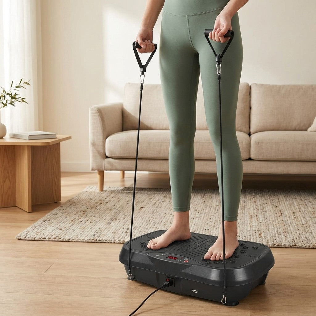 Standing on the WalkHaven Pulse vibration plate with the resistance bands